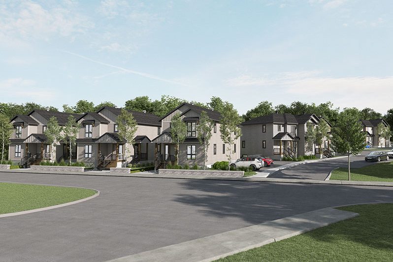 Rue du Faubourg Sainte-Rose : duplex et maisons jumelées à pignons, façades pâles et grises